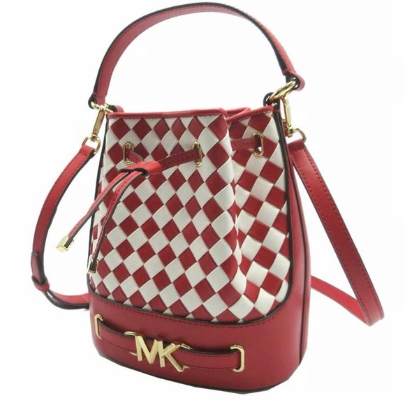 New! Michael Kors Reed Empire Logo Medium Woven Leather bucket bag - Picture 3 of 4